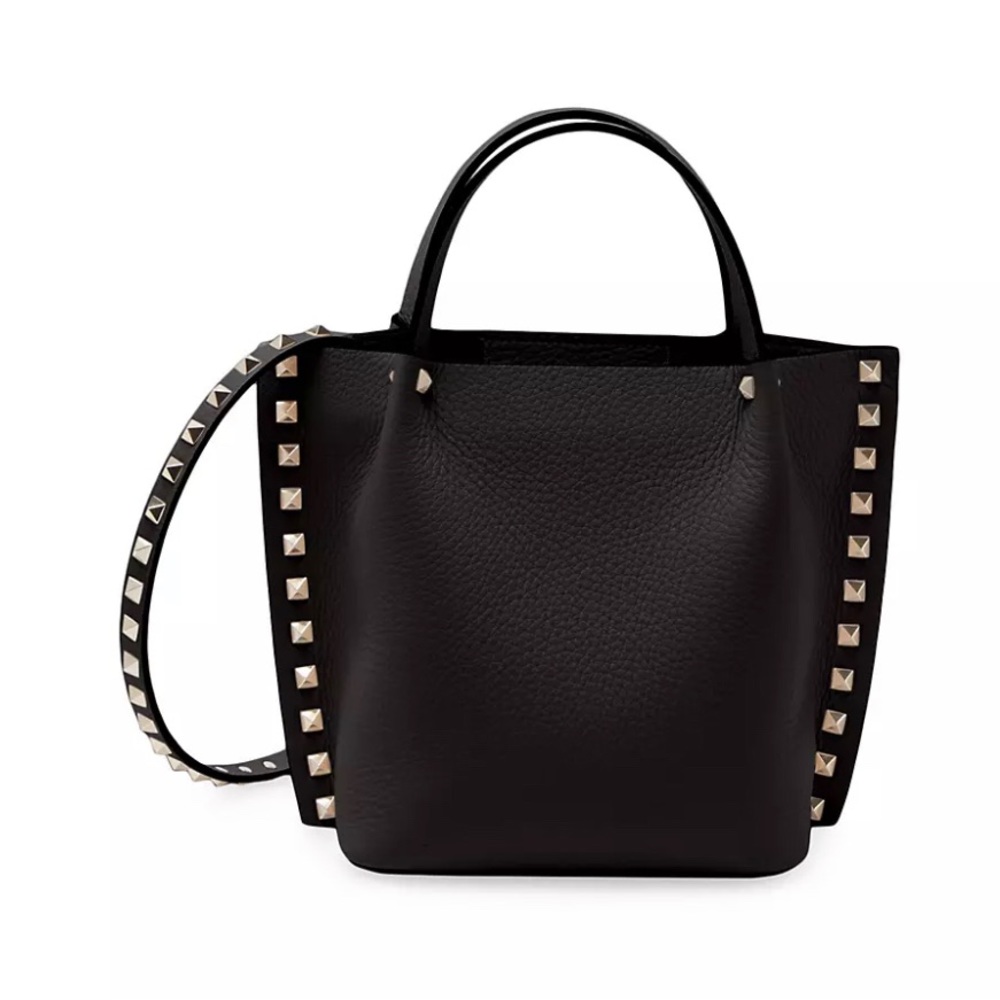 Valentino rockstud small black pebbled leather tote crossbody strap bag clutch